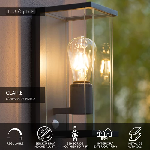 Lucide CLAIRE - Lámpara de pared Dentro/Fuera - 1xE27 - IP54 - Sensor movimiento & día/noche - Antracita - USP